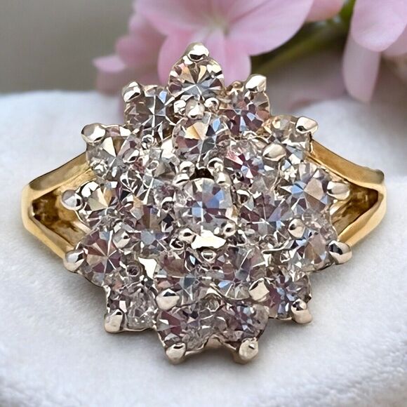 Vintage Ring Size 5 Cubic Zirconia Cluster Ring 14K Gold Plate Mid-Century 14G - Picture 2 of 11